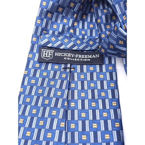 Hickey-Freeman Collection Mens Silk Tie Blue & Yellow Geometric Pattern Made In - Picture 2 of 10